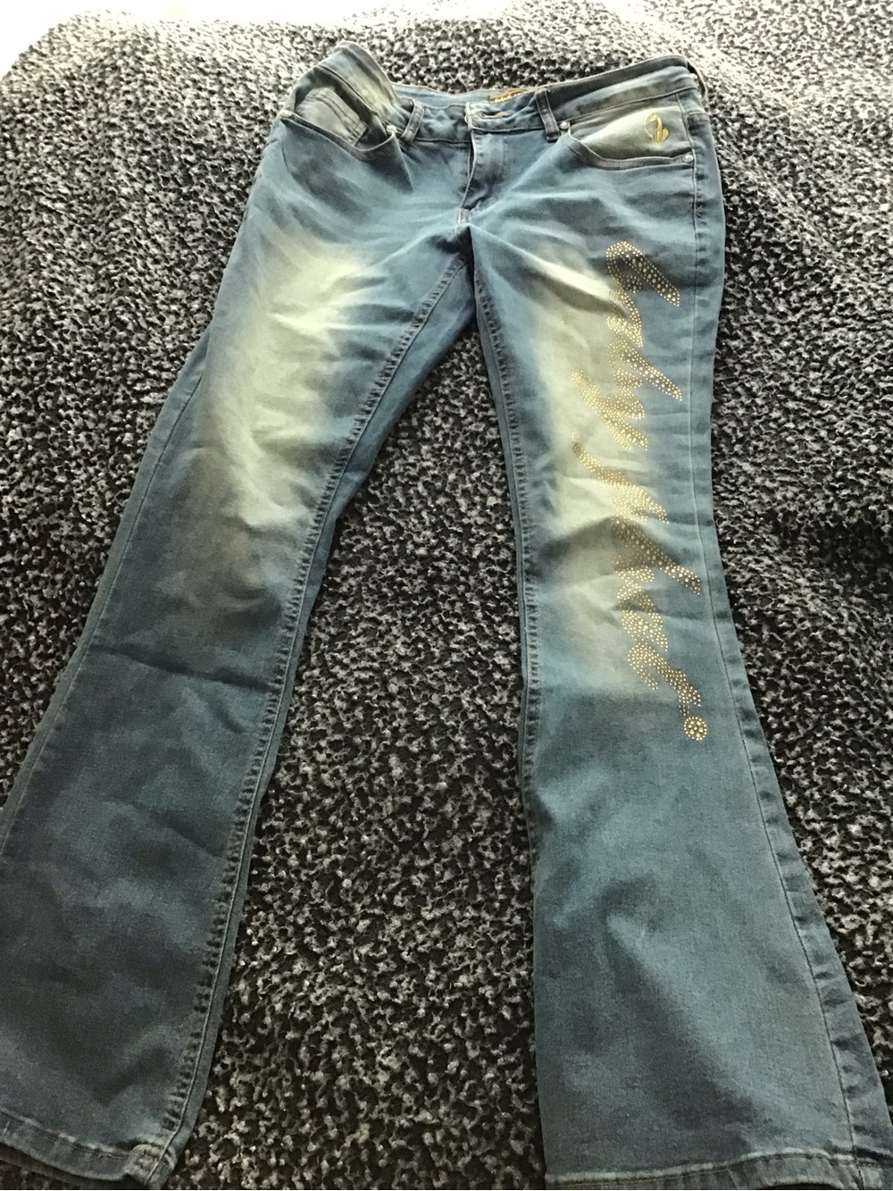 Baby Phat Rhinestone Gold Rhinestone Script Flare Jeans